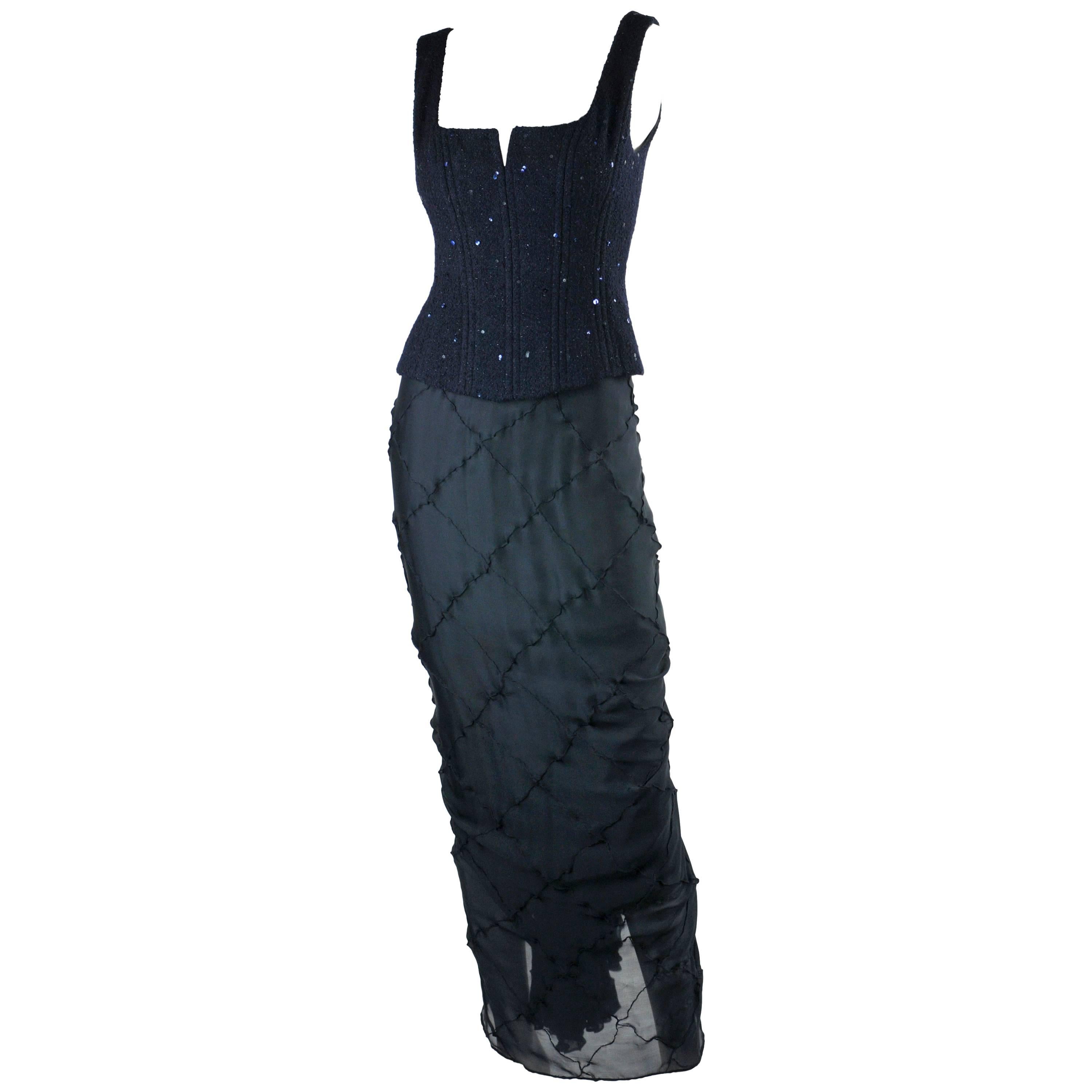 Chanel 1990s Navy Sequined and Structured Bustier and Rare Fishtail Skirt For Sale