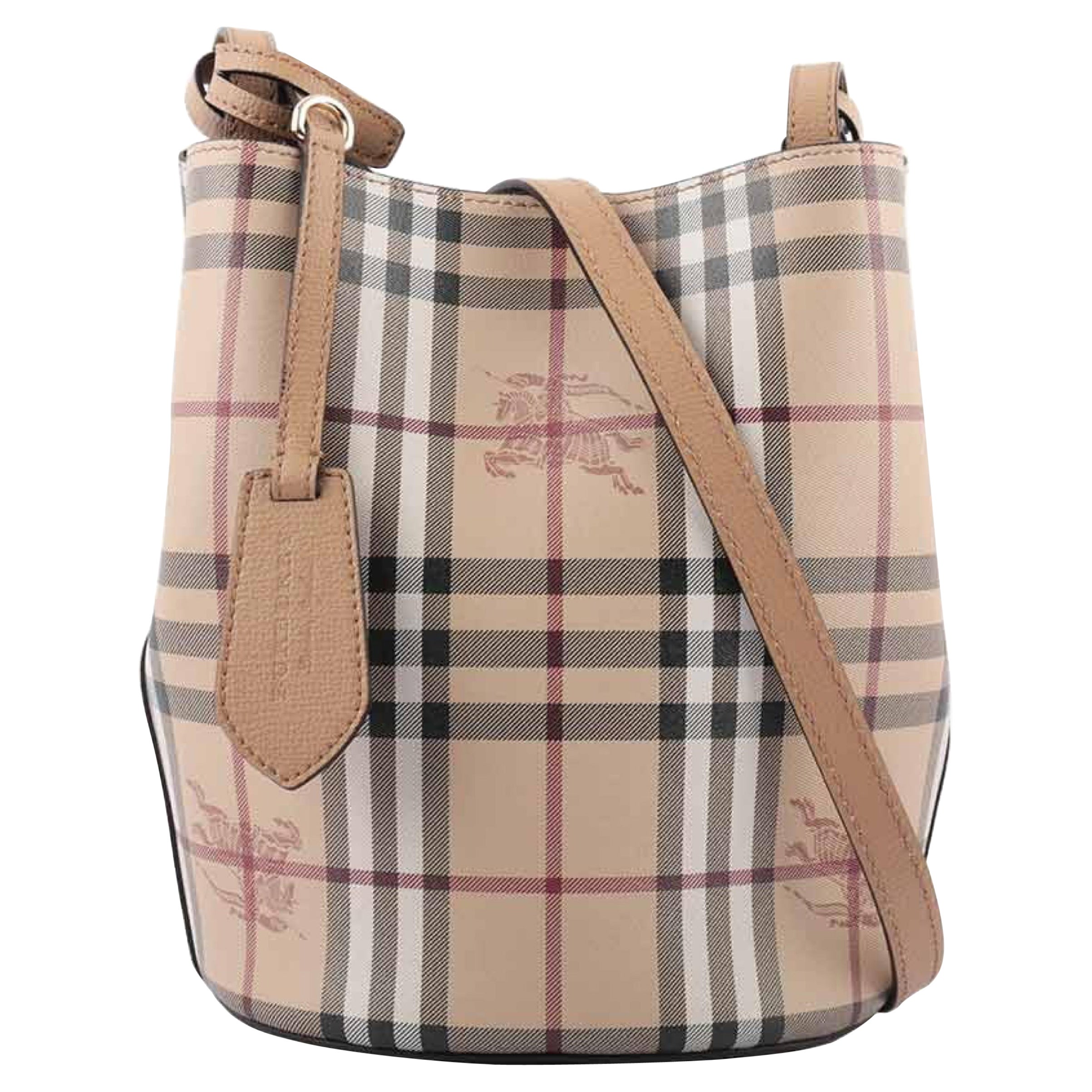 NEW Burberry Beige/Brown Haymarket Check Leather Bucket Crossbody Bag For Sale