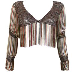 Loris Azzaro knitted cropped cardigan with chain mail sleeves and trim, c. 1970s 3