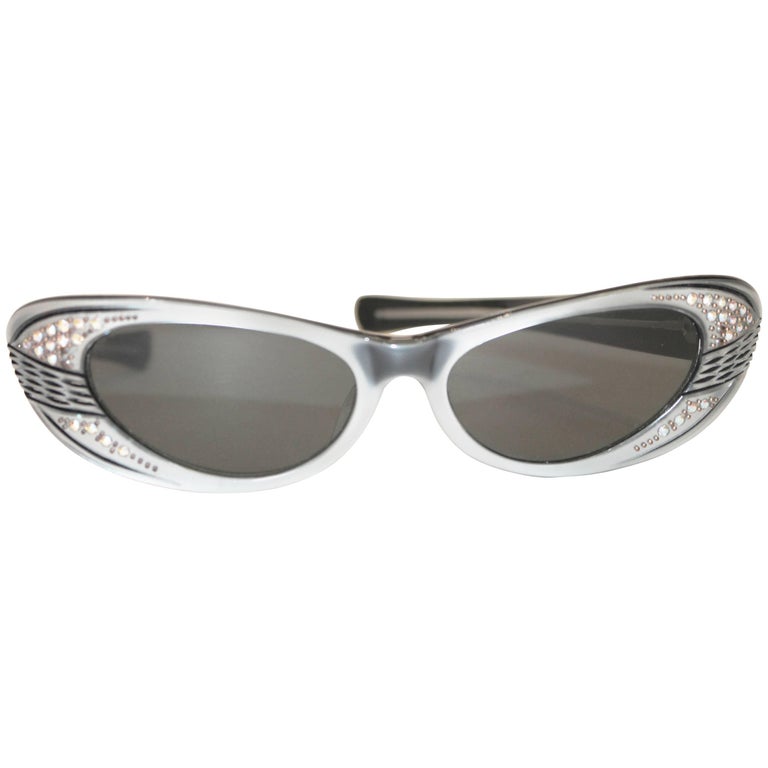 1960s Made in France Cat Eye Rhinestone Metallic Sunglasses at 1stDibs