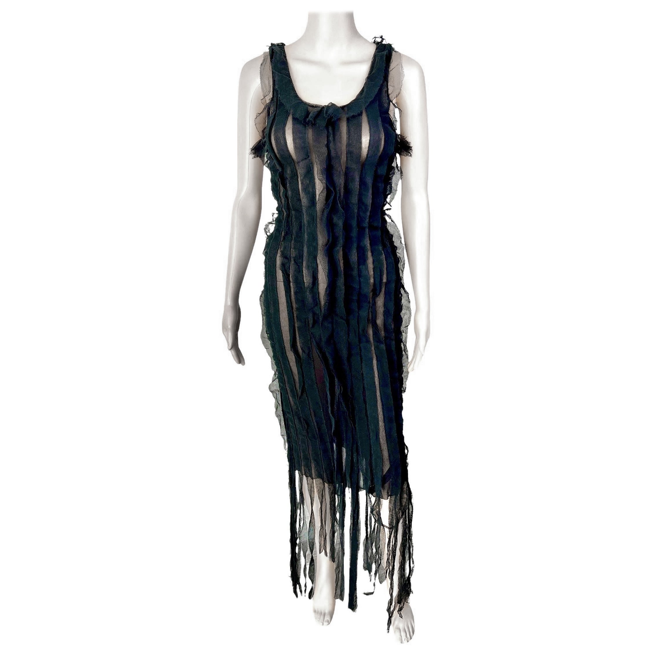 Jean Paul Gaultier S/S 2002 Vintage Vestido negro de malla con flecos semitransparentes