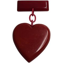 1930s RED Bakelite Suspended Heart from Bar Pin Brooch