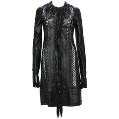 Gianni Versace 2002 S/S Collection Black Leather Fringe Overcoat It 40