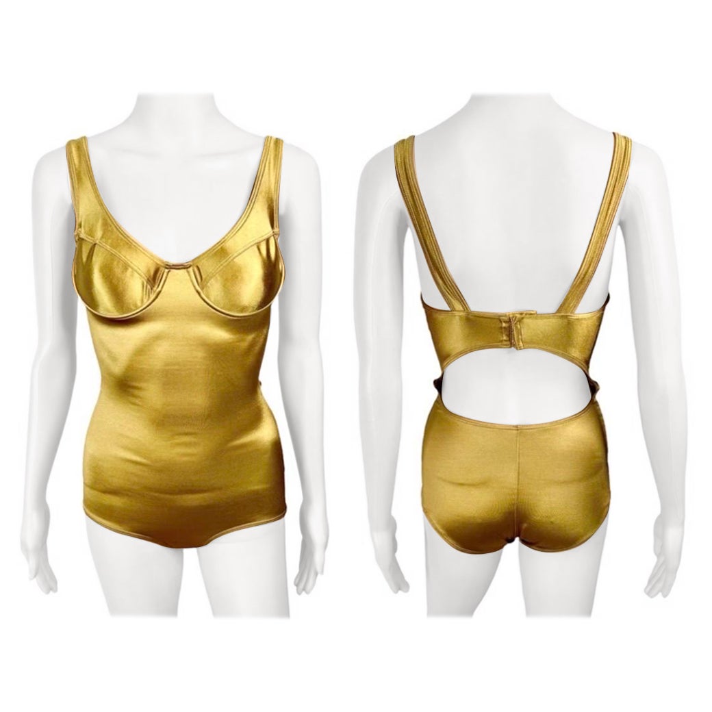 Azzedine Alaia Vintage Bustier Cutout Back Gold Bodysuit Swimsuit 