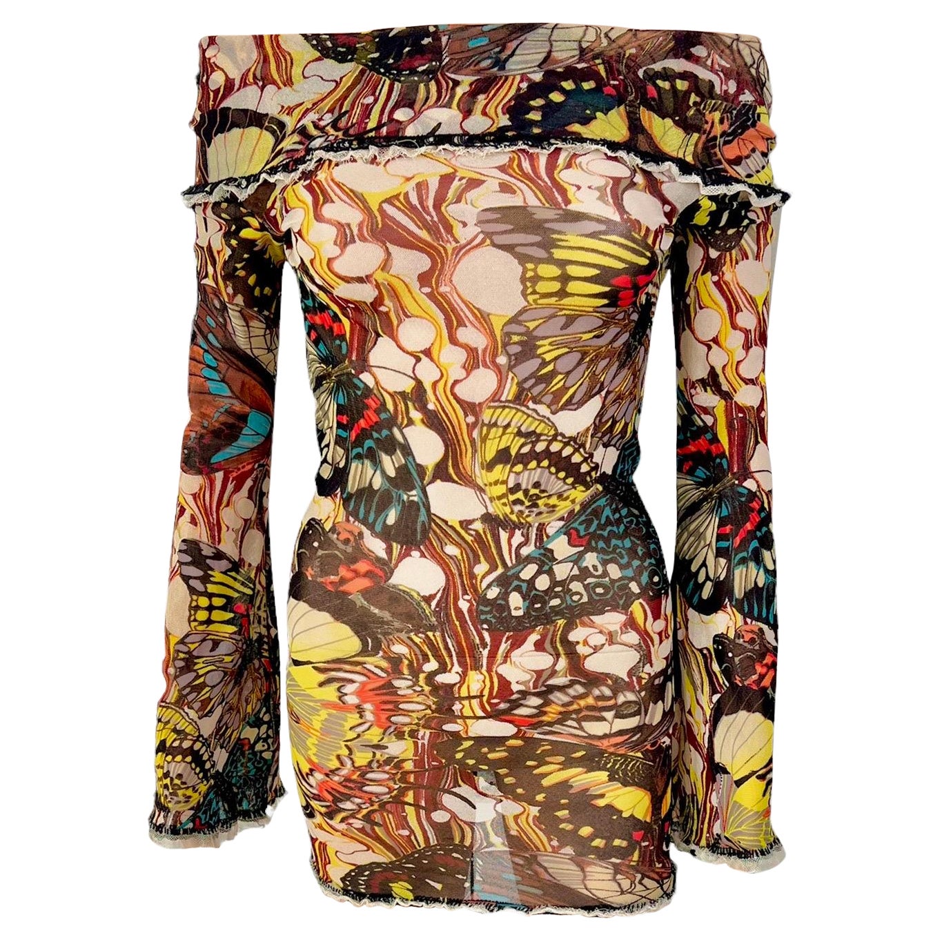 Jean Paul Gaultier S/S 2003 Butterfly Sheer Mesh Off Shoulder Bodycon Mini Dress