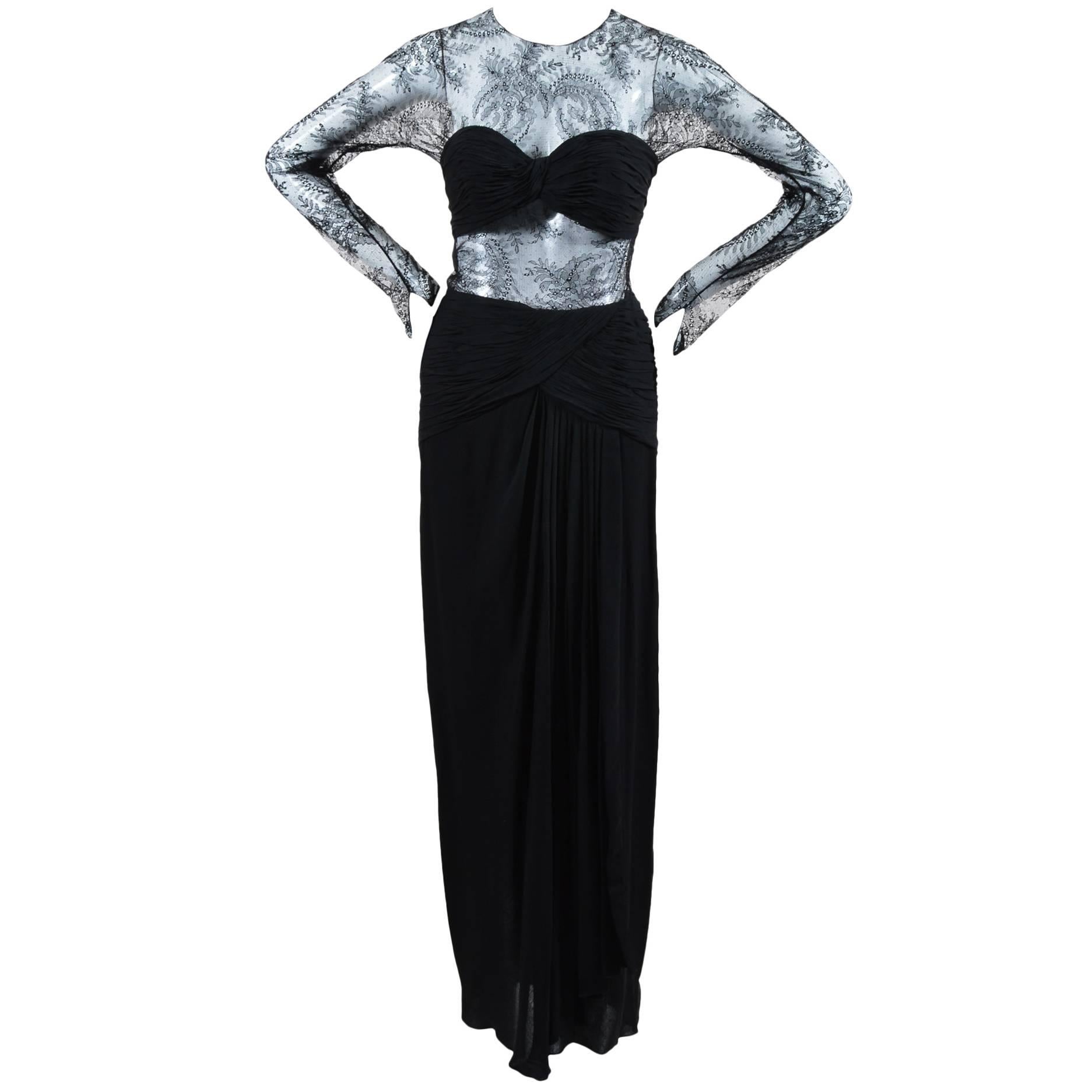 Oscar de la Renta Black Floral Lace Sheer Sleeve Cut Out Gown SZ 8 For Sale