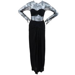 Oscar de la Renta Black Floral Lace Sheer Sleeve Cut Out Gown SZ 8