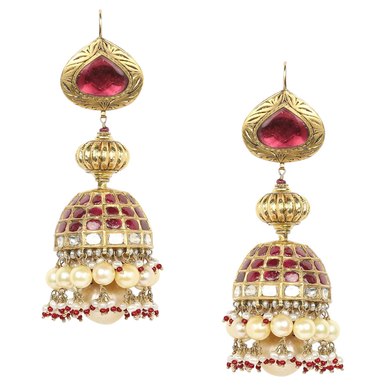 Lal pari jhumkas with rubies, pearls and polki by Vintage intention For Sale