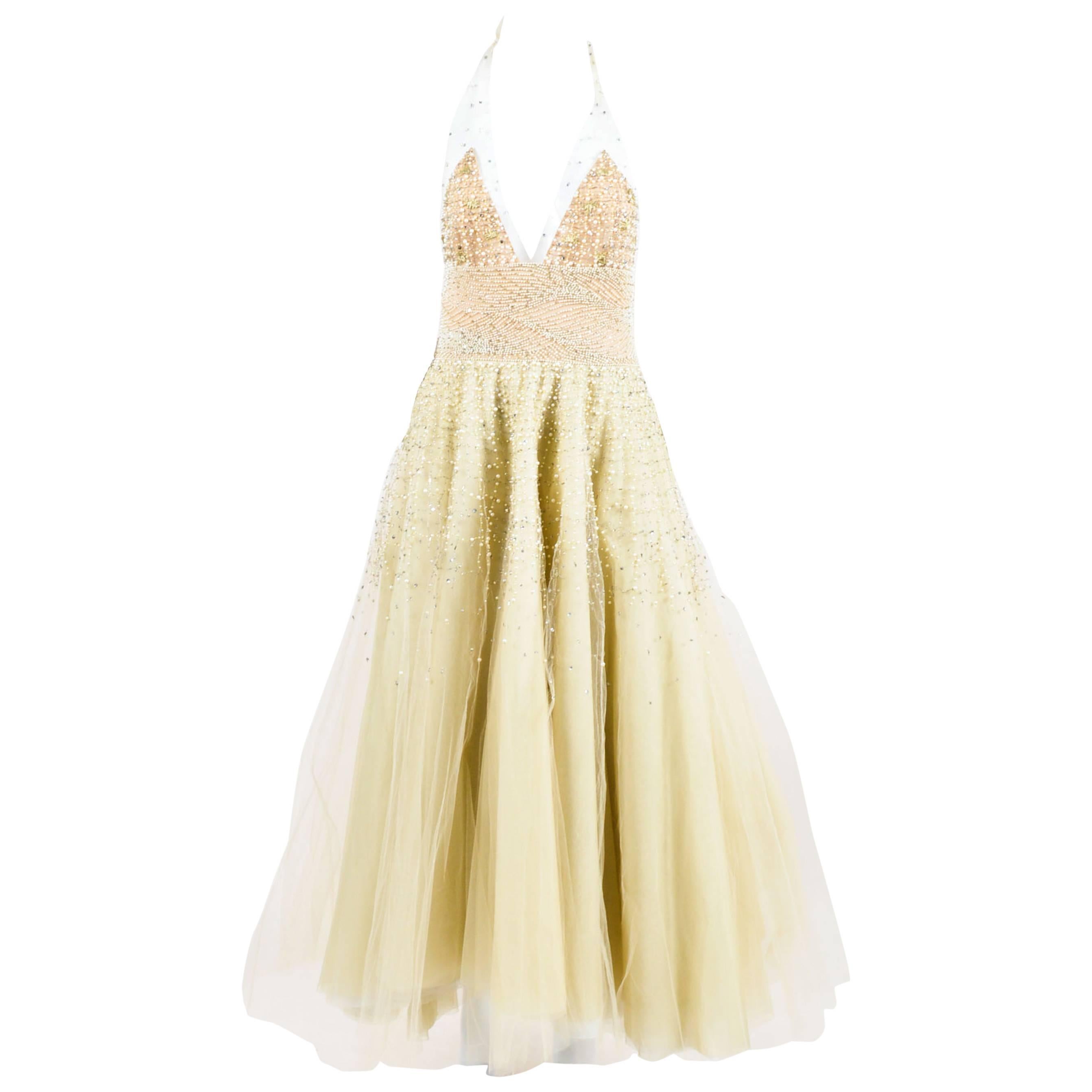 Oscar de la Renta Nude Yellow Tulle Pearl Beaded Halter Evening Gown SZ 6 For Sale