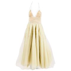 Oscar de la Renta Nude Yellow Tulle Pearl Beaded Halter Evening Gown SZ ...