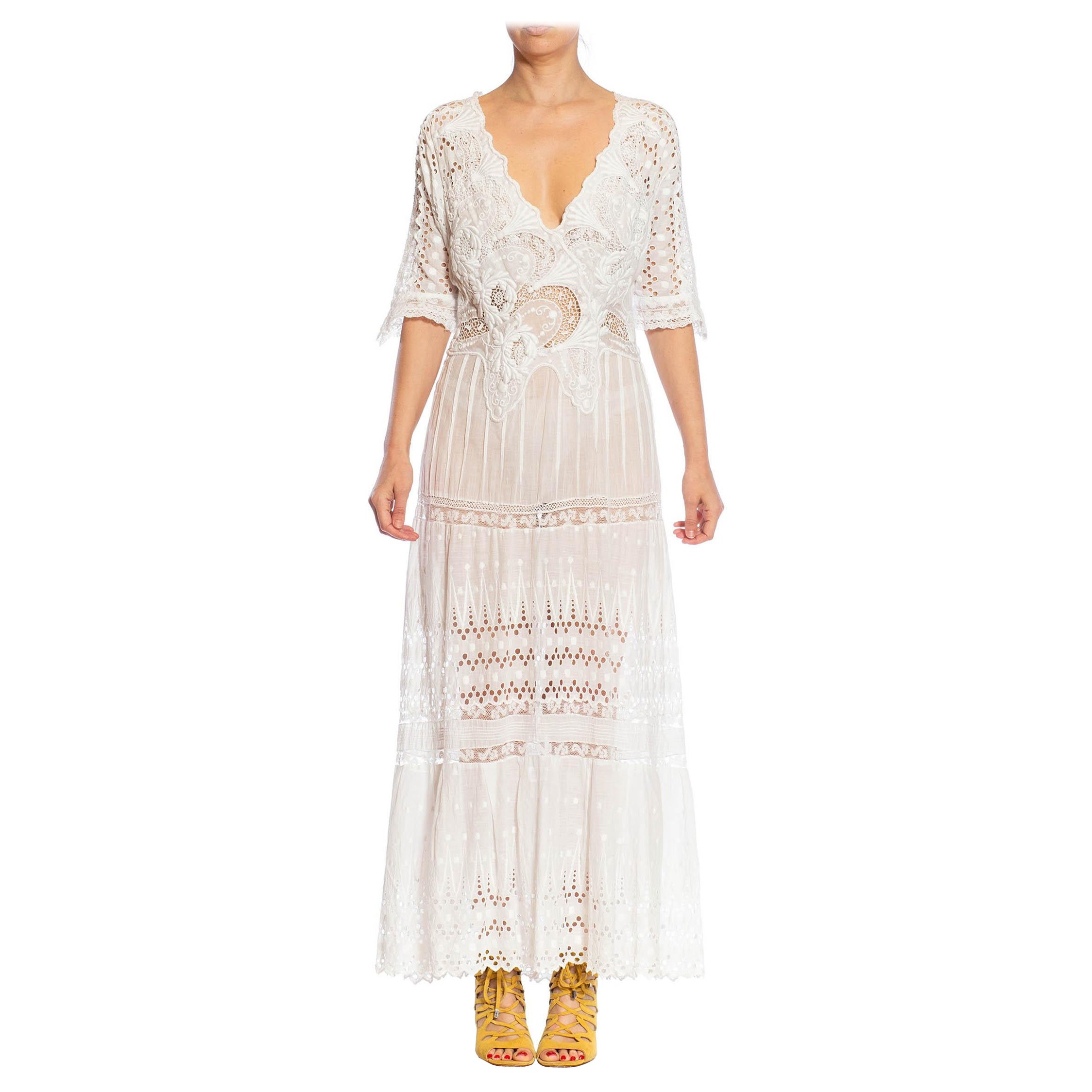 MORPHEW ATELIER White Organic Cotton Antique Lace Dress For Sale