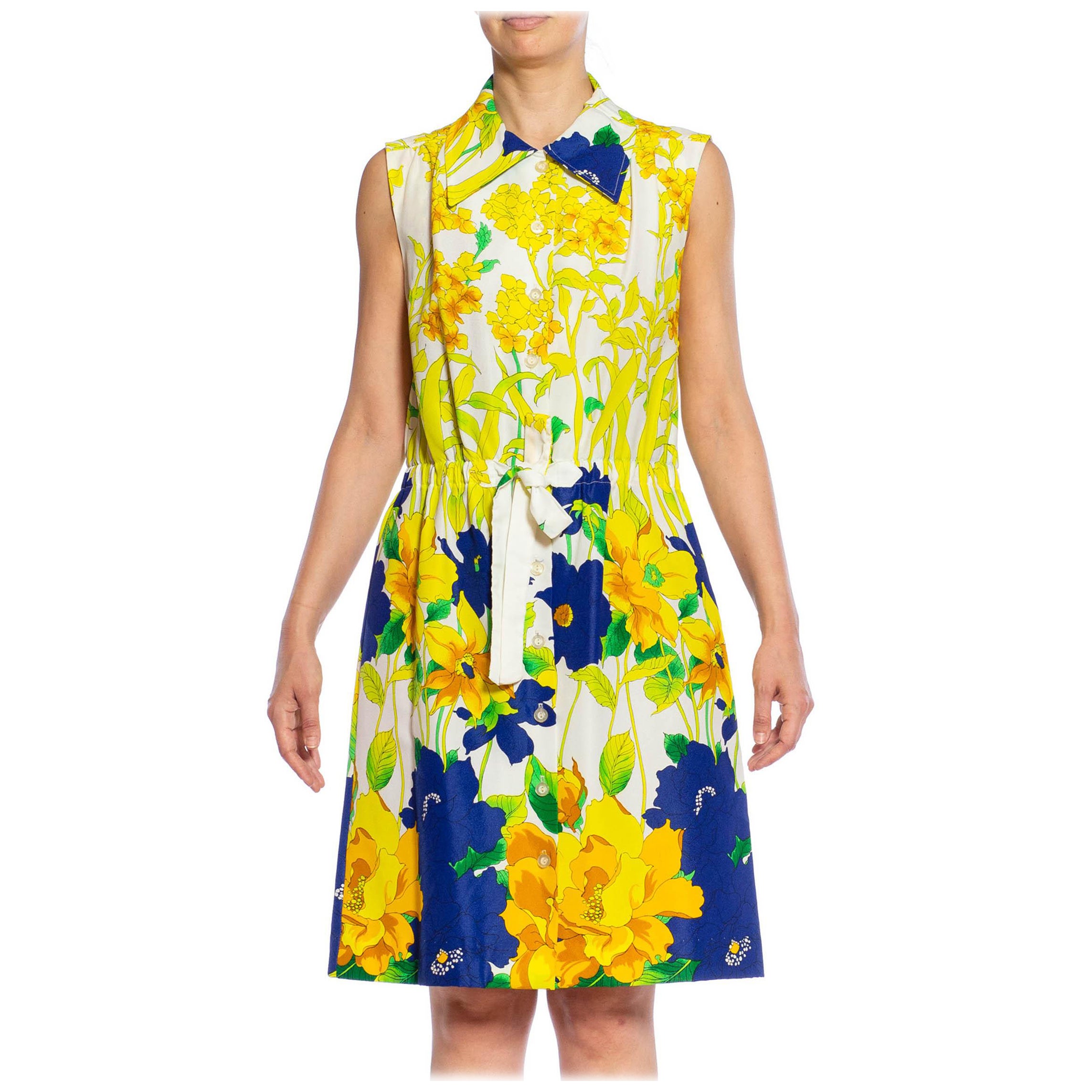 1960S White, Lemon Green & Navy Blue Polyester Crepe Floral Sleeveless Dress