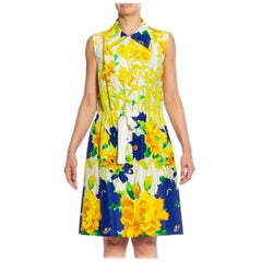 Retro 1960S White, Lemon Green & Navy Blue Polyester Crepe Floral Sleeveless Dress