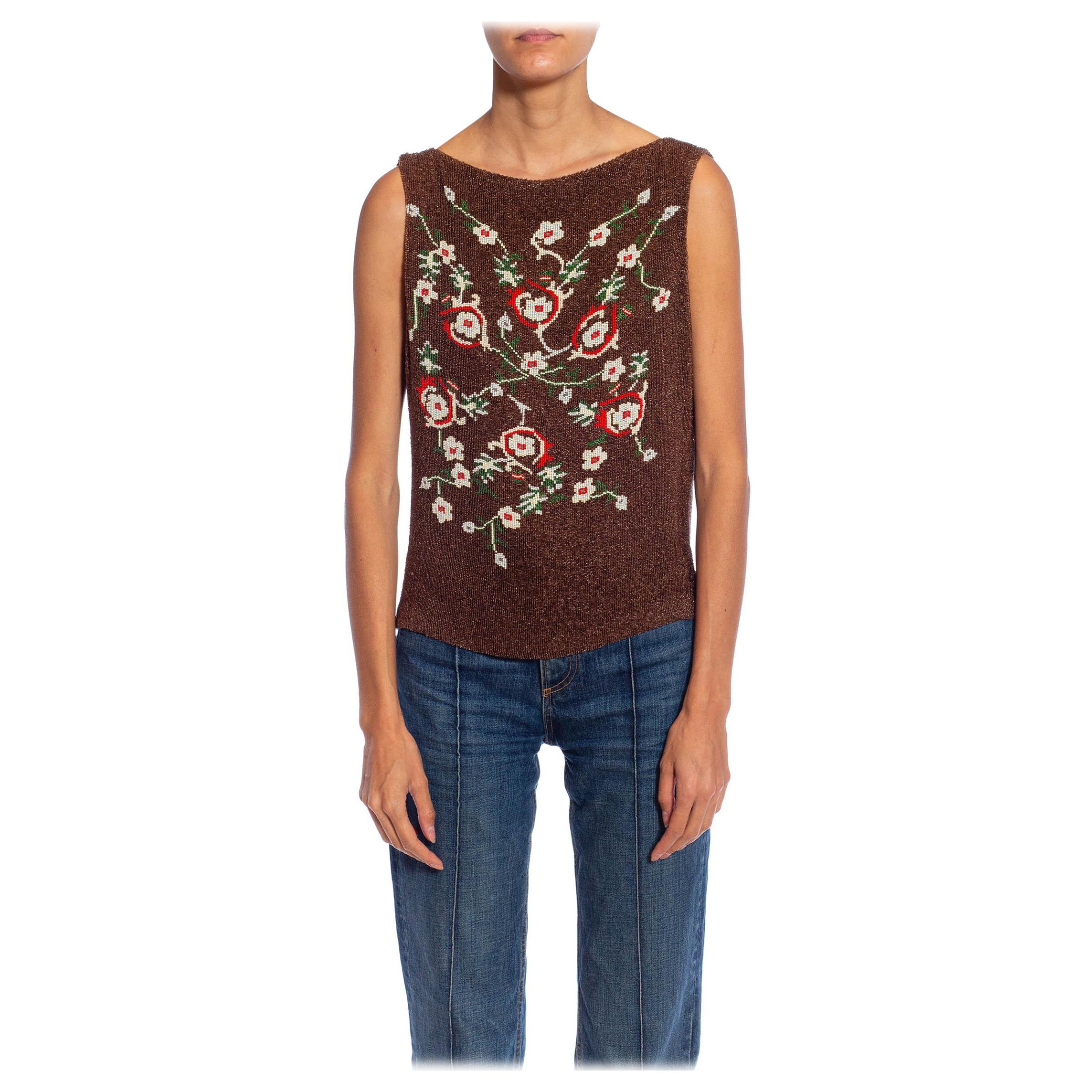 1990S Brown, Red & Green Floral Silk Beaded Top For Sale