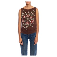 1990S Brown, Red & Green Floral Silk Beaded Top