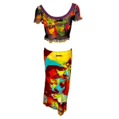 Jean Paul Gaultier S/S 2000 Psychedelic Crop Top & Skirt Ensemble 2 Piece Set