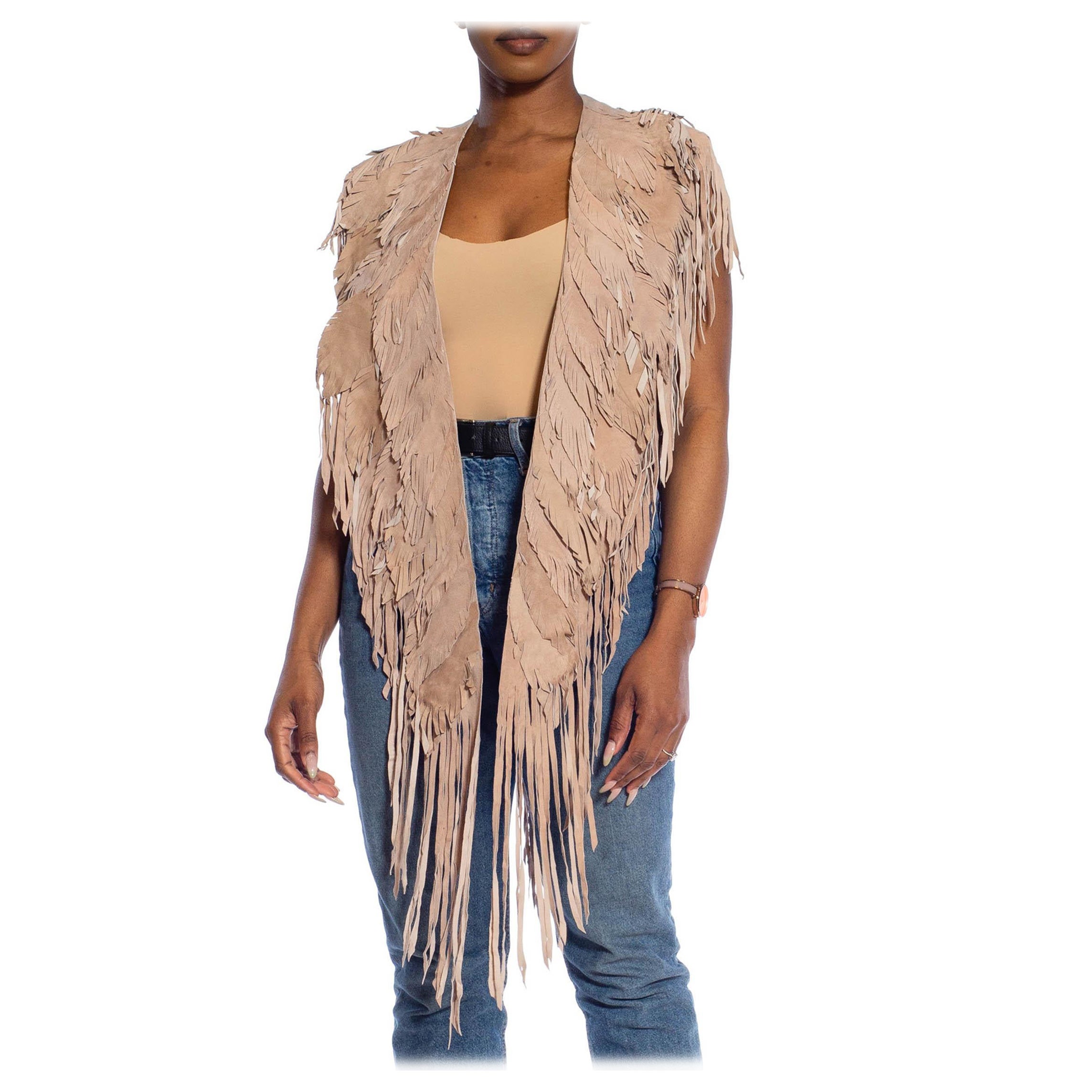 MORPHEW COLLECTION Sand Piper Suede Fringe Feather Leather Long Cape For Sale
