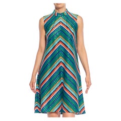 1960S Metallic Green, Blue & Red Poly/Lurex Jersey Stripe Sleeveless Mod Cockta