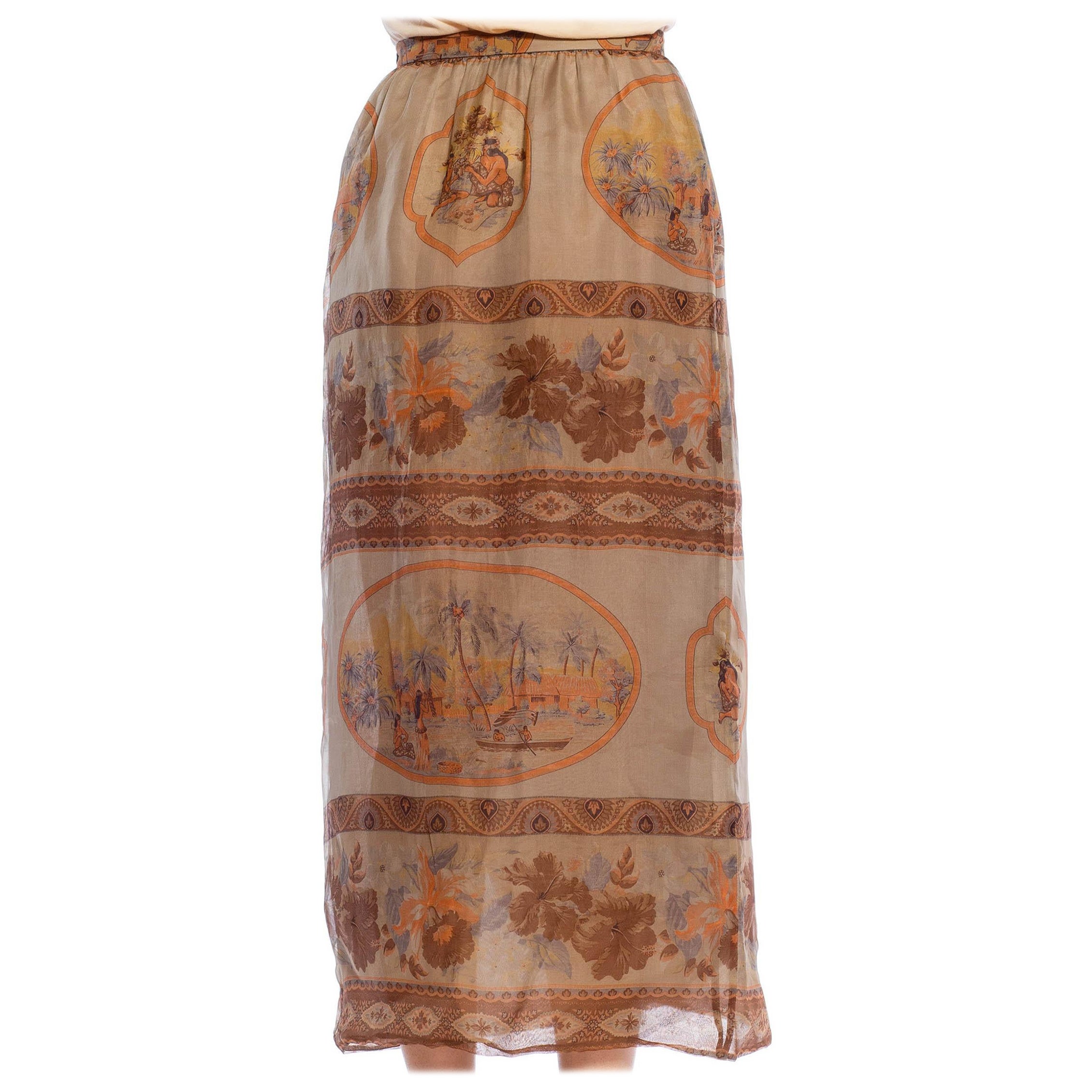 1980S GIORGIO ARMANI Grey & Orange Silk Gazzar Tropical Safari Print Skirt