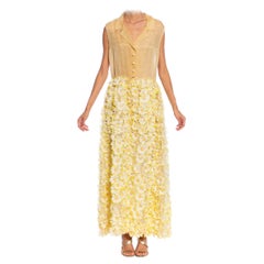 Seidenorganza-Kleid in Beige und Gelb aus den 1960er Jahren mit Blumen bedeckt