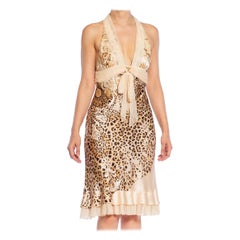 1990S ROBERTO CAVALLI Leopard Print Bias Cut Silk Charmeuse Cocktail Dress