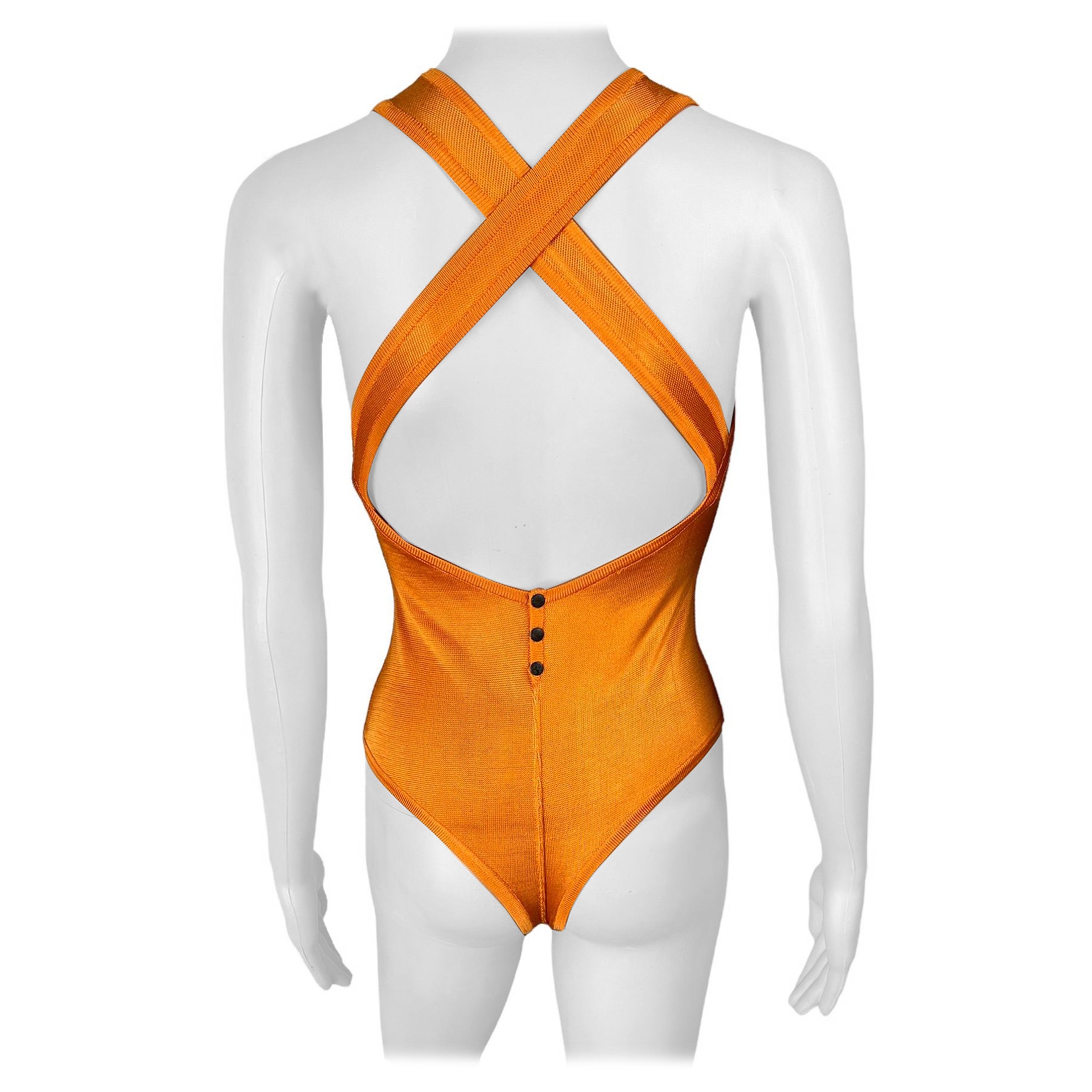 Azzedine Alaia Vintage S/S 1986 Open Back Orange Bodysuit Top For Sale