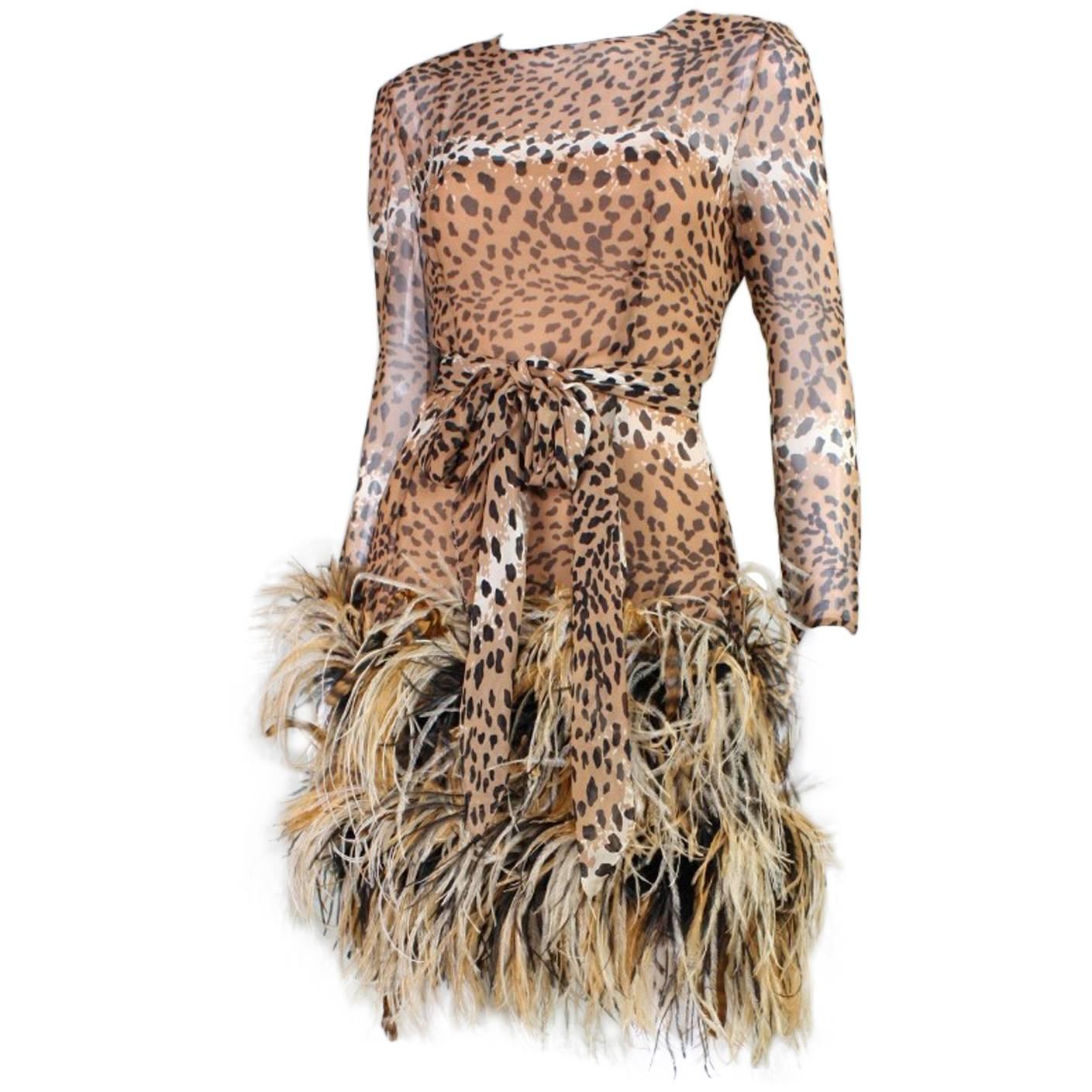 1990 Bill Blass Chiffon Cocktail Dress with Animal Print & Feather Trim