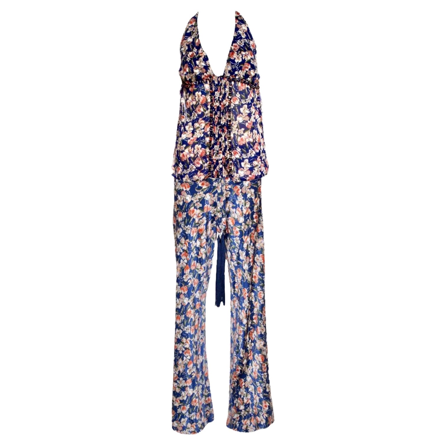 NEW Roberto Cavalli Signature Floral Print Silk Pants Trousers Lounge Suit Set 