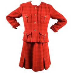 Vintage Chanel Red Gold-Tone Wool Tweed 'CC' Buttons Belted Skirt Suit SZ 38 9