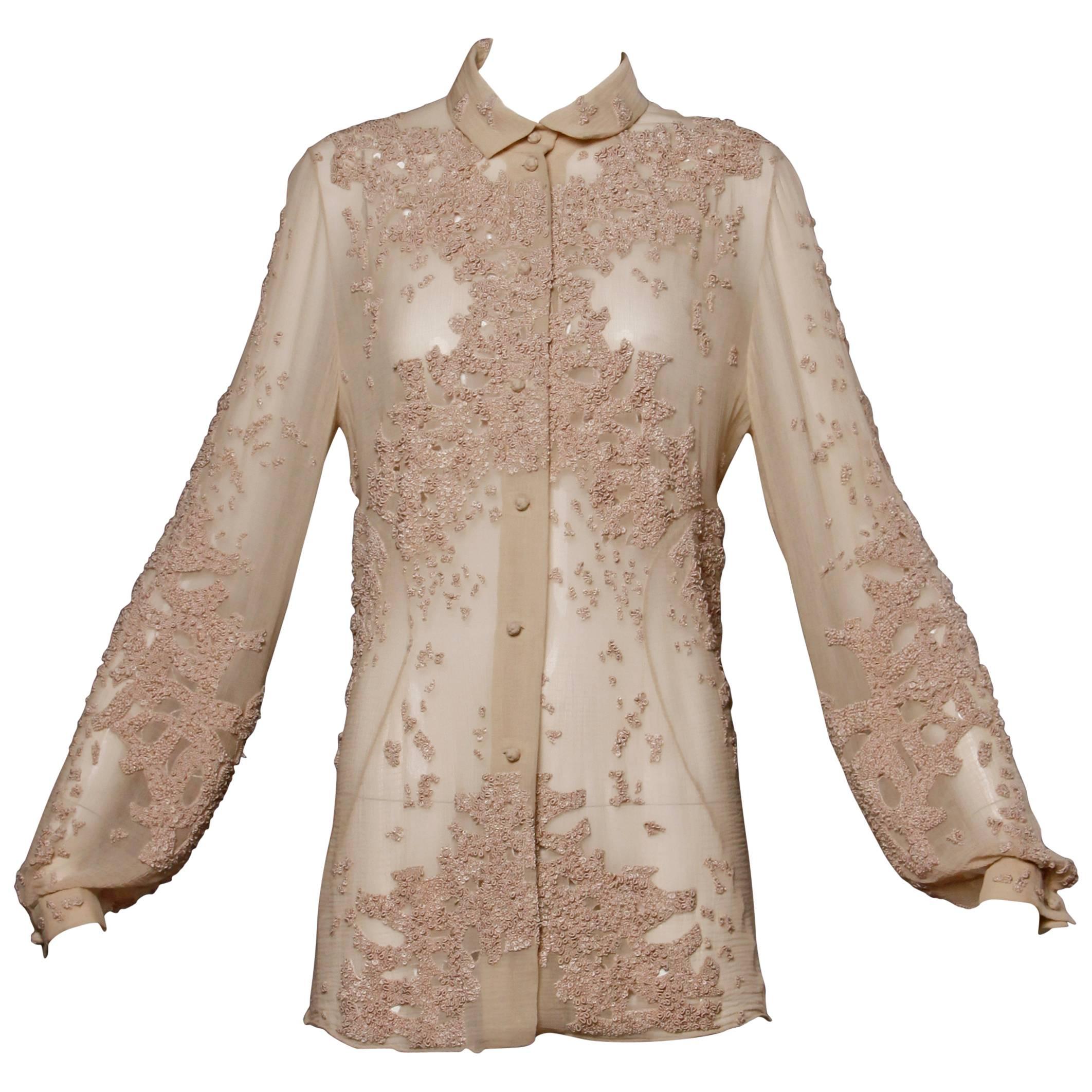 Spectacular Chado Ralph Rucci Sheer Nude Silk Cut Out Embroidery Blouse Top