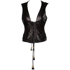 Gianfranco Ferre Vintage Buttery Soft Black Leather Lace Up Corset Top or Bustie
