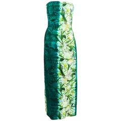 Oscar De La Renta Green Cotton Silk Floral Print Strapless Gown SZ 8