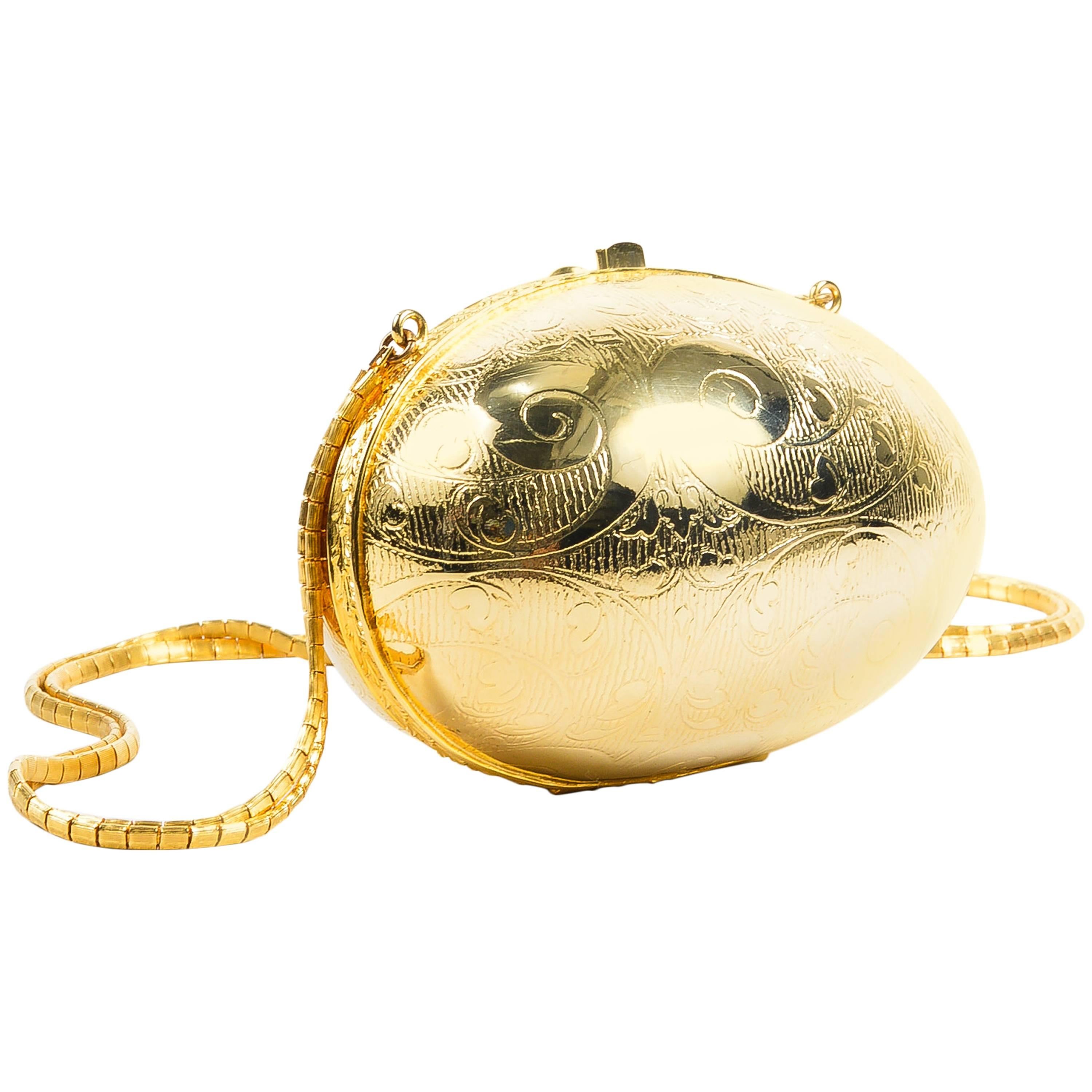 Judith Leiber Gold Tone Metallic Round Hinged Egg Etched Shoulder Bag For Sale