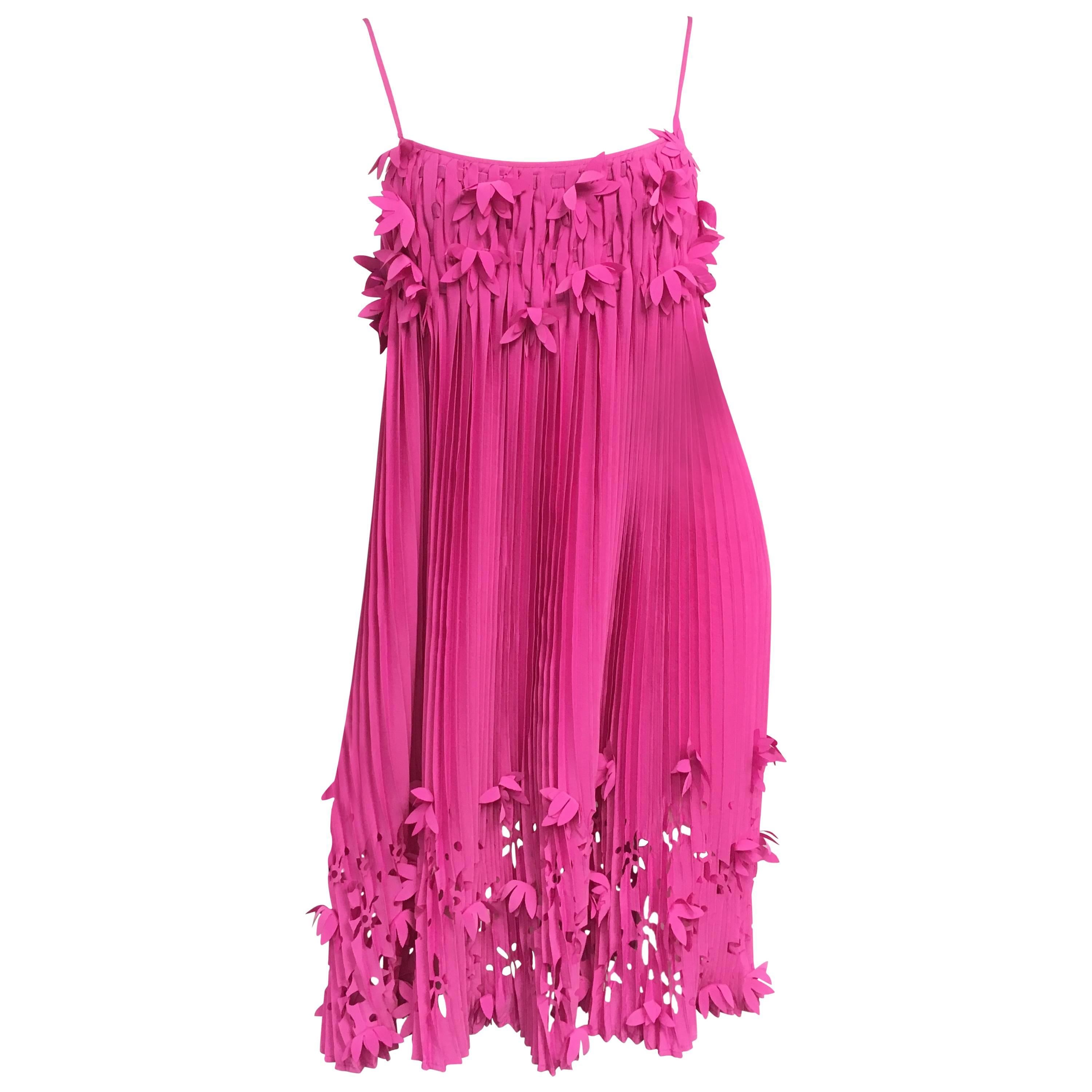 Blumarine Fuchsia Cutout Flower Pleated Summer Dress