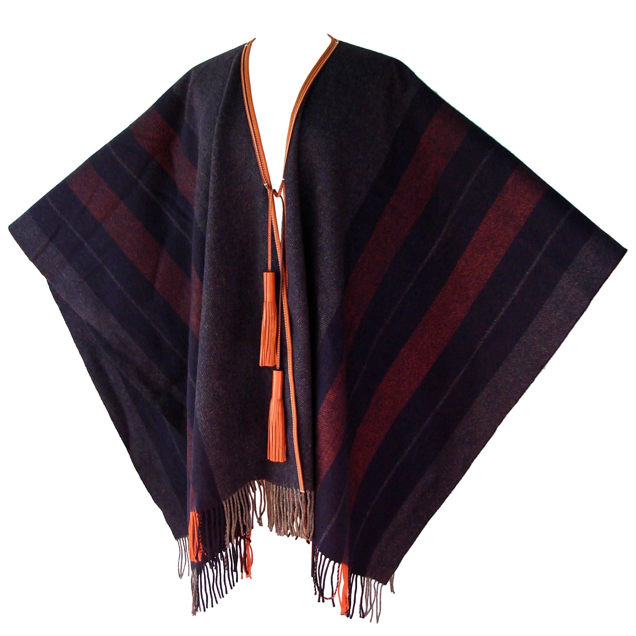 Hermes Cashmere Wool Fringed Rocabar Poncho with Leather Tassels 