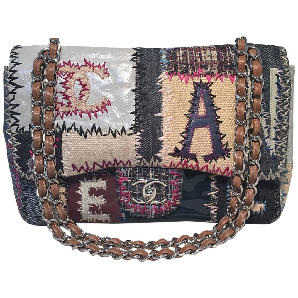Chanel Patchwork Denim Tweed and Leather Jumbo Classic Flap Shoulder Bag