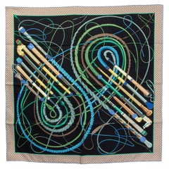 HERMES black silk FOUETS ET BADINES 90 TWILL Scarf Noir Vert Bleu