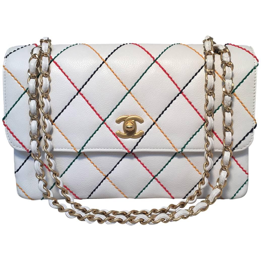 Chanel White Caviar Rainbow Stitch Medium Classic Flap Shoulder Bag For ...