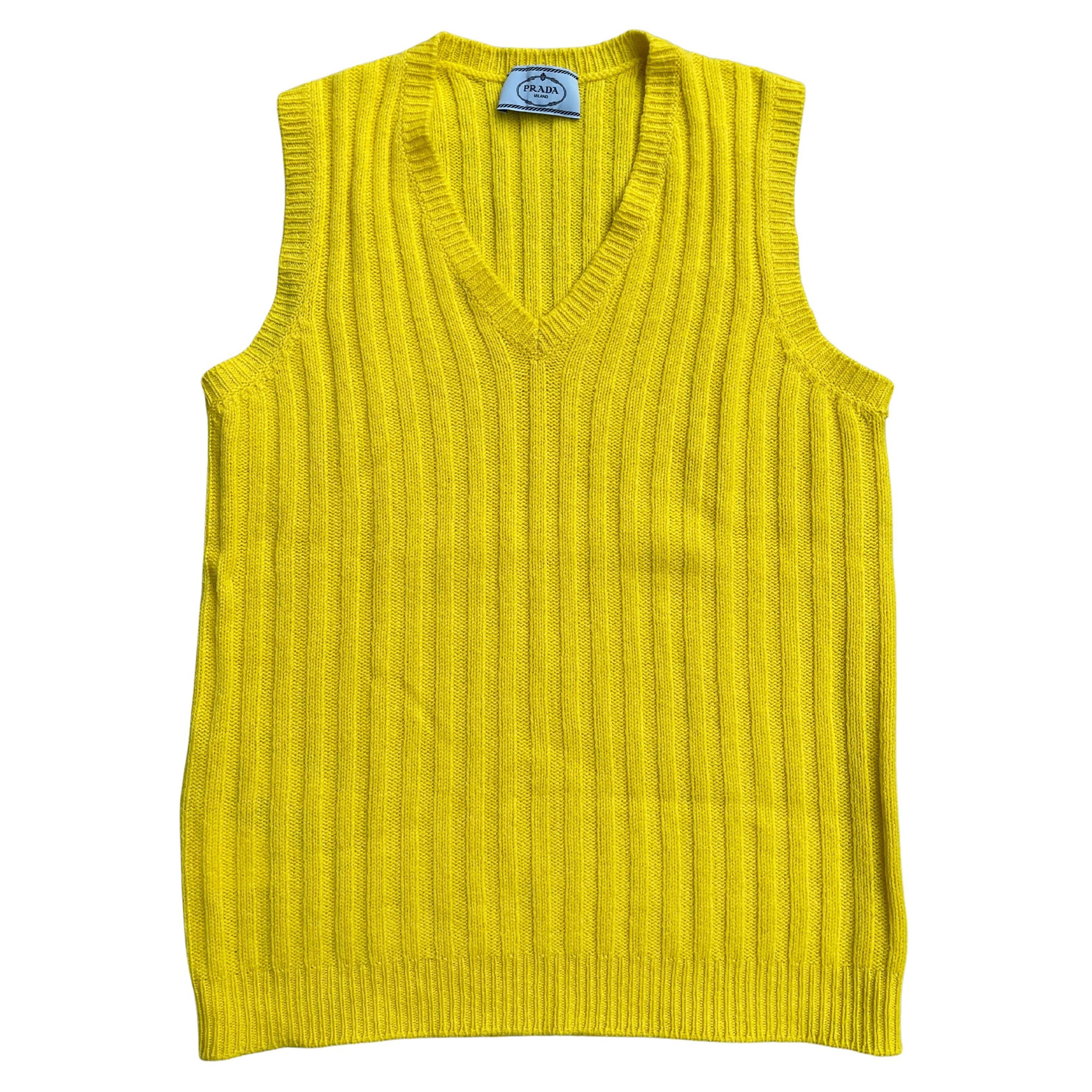 Prada V-Neck Wool Sweater Vest in Yellow