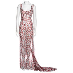 Vintage Dolce & Gabbana cherry print silk chiffon evening dress with train, fw 1996