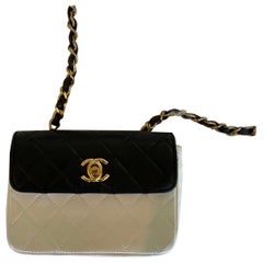 Vintage 90s Chanel Black & White Mini Flap Crossbody Bag with 24k Gold Plated CC