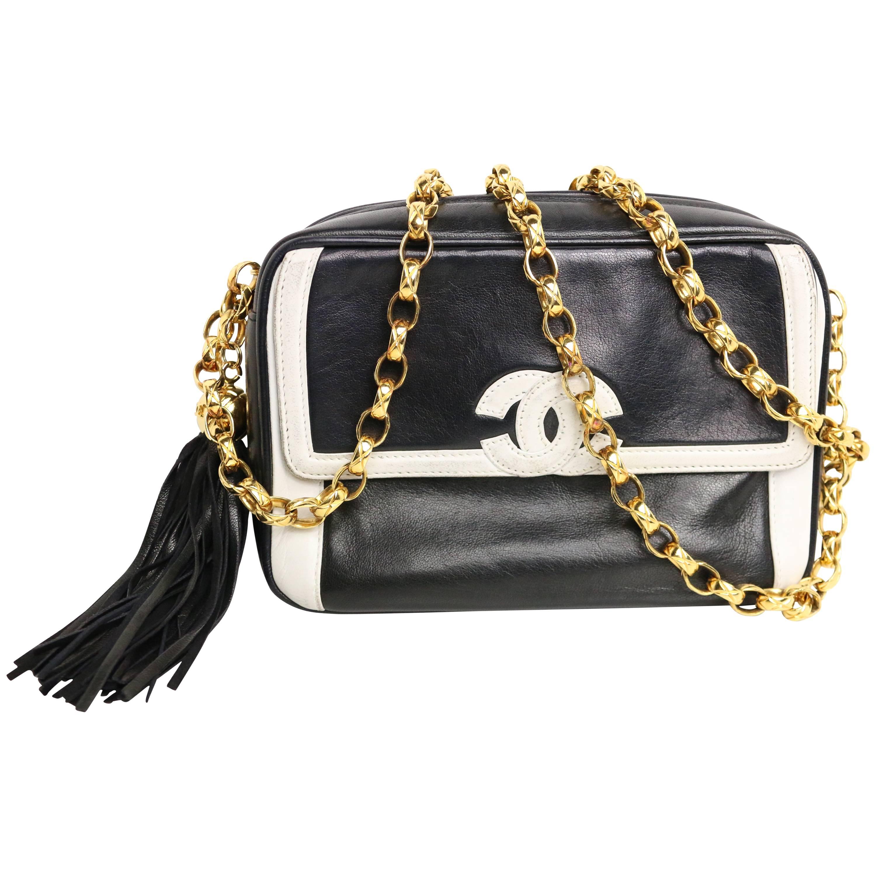 Chanel Black and White Lambskin "CC
 Logo Gold Chain Strap Cross-Body Bag