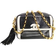 Vintage Chanel Black and White Lambskin "CC' Logo Gold Chain Strap Cross-Body Bag 