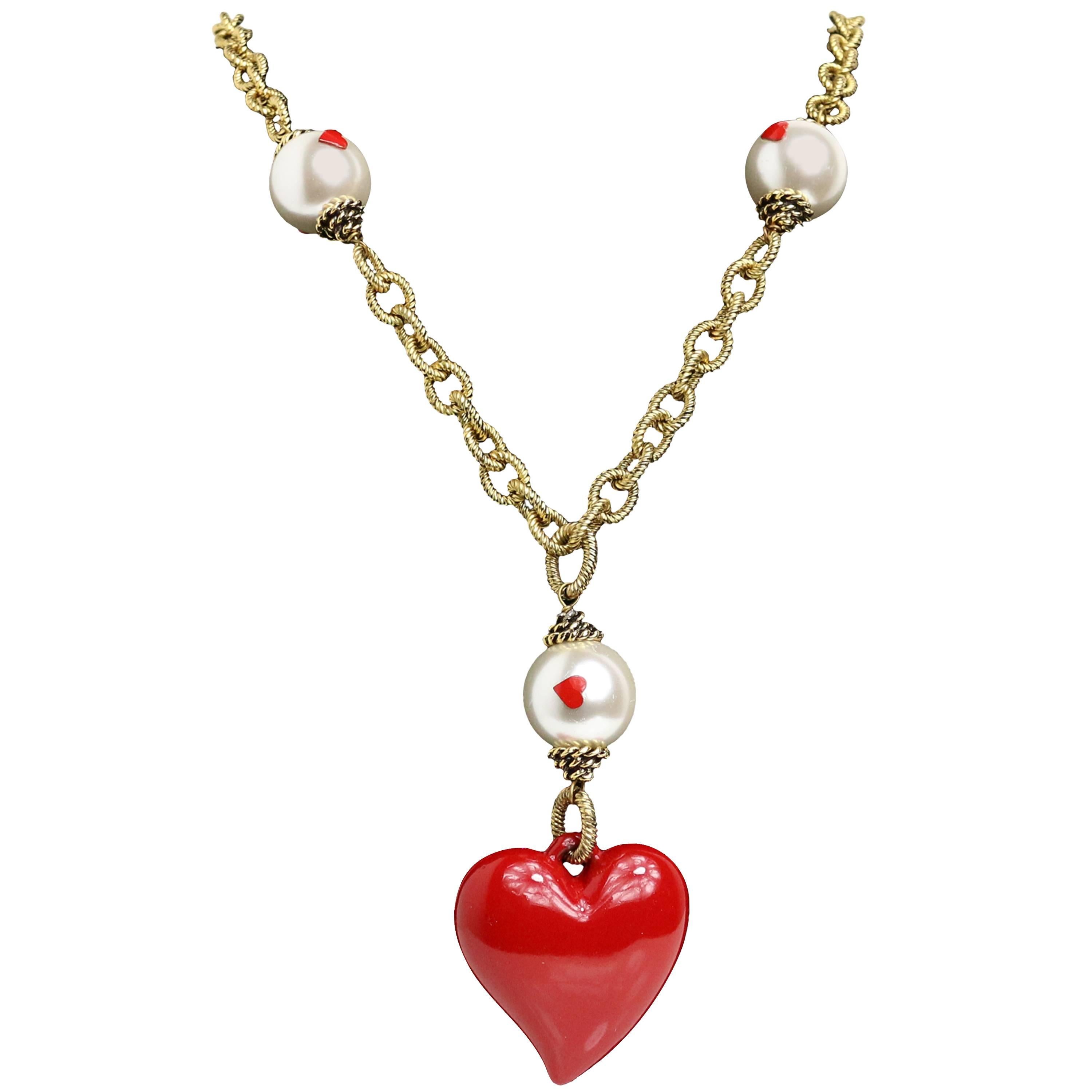 Moschino Pearl With Heart Shape Pendant Gold Metal Cable Chain Necklace 