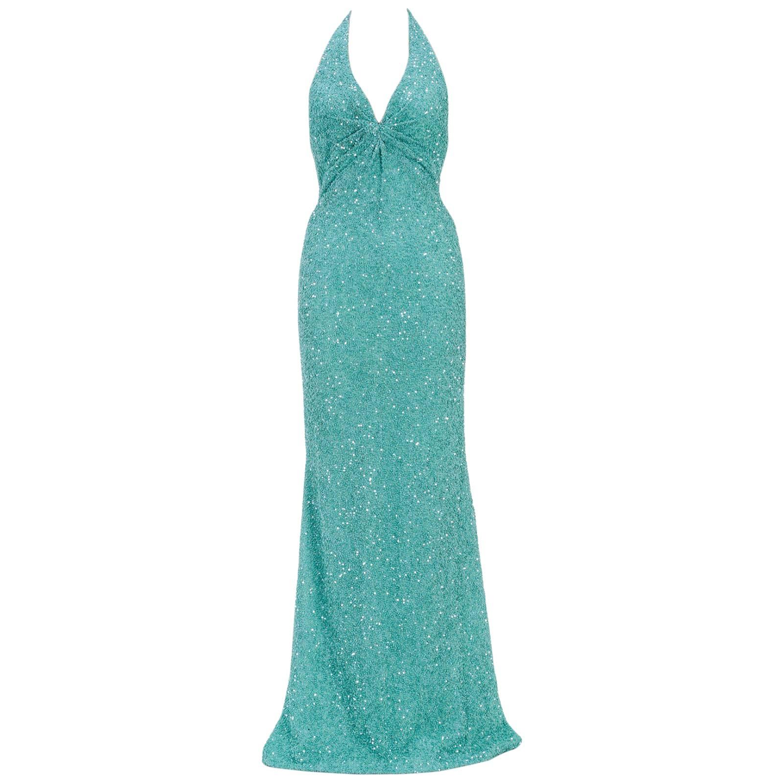 Oday Shakar Aqua Sequined Ruched Halter Floor Length Dress (Size S) For Sale