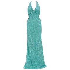 Oday Shakar Aqua Sequined Ruched Halter Floor Length Dress (Size S)