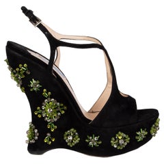 PRADA camoscio nero CRYSTAL PLATFORM WEDGE Sandali Scarpe 39.5