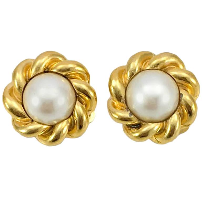 Chanel GoldPlated Pearl Earrings 1970s at 1stdibs