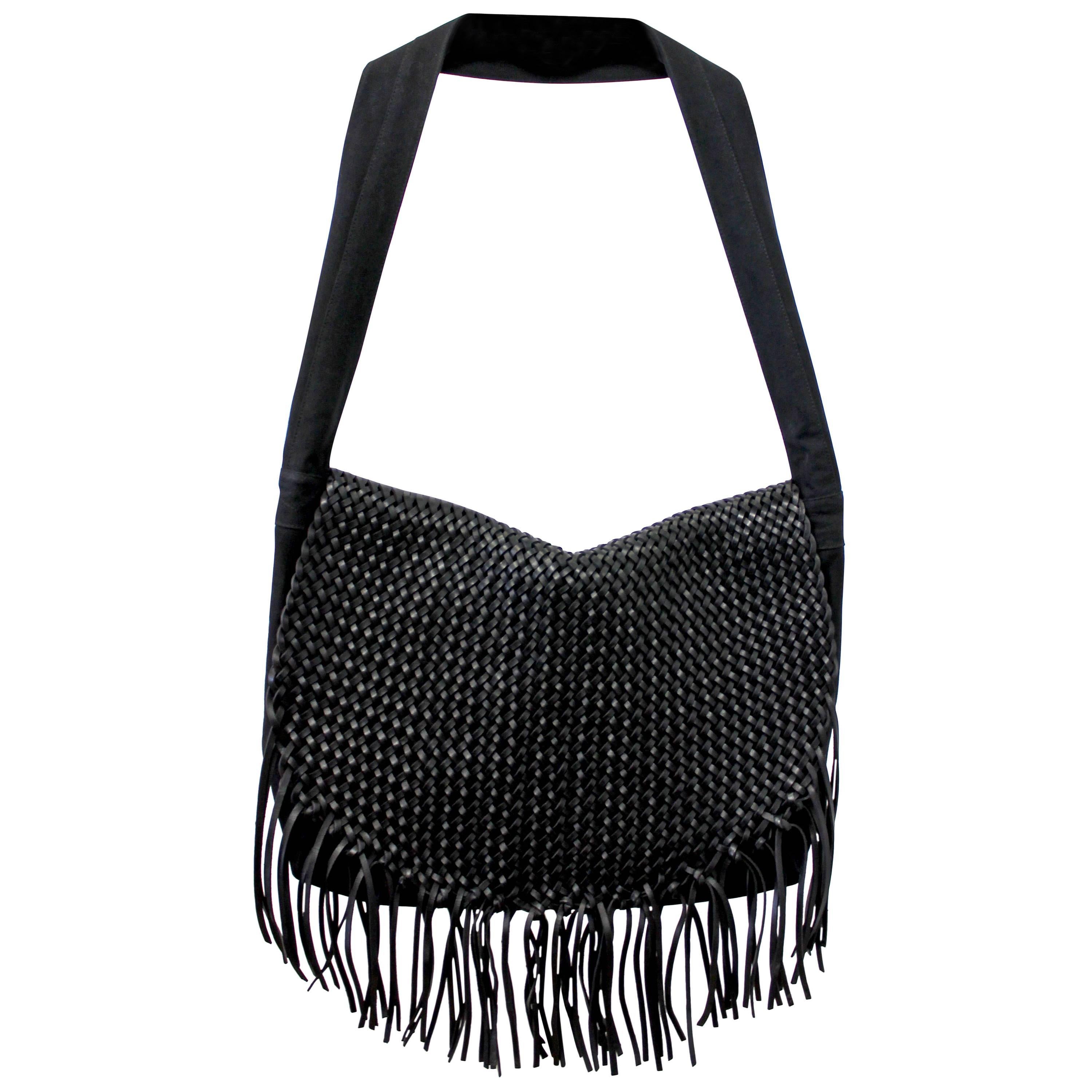 Dries Van Noten Large Woven Leather and Canvas Fringe Bag