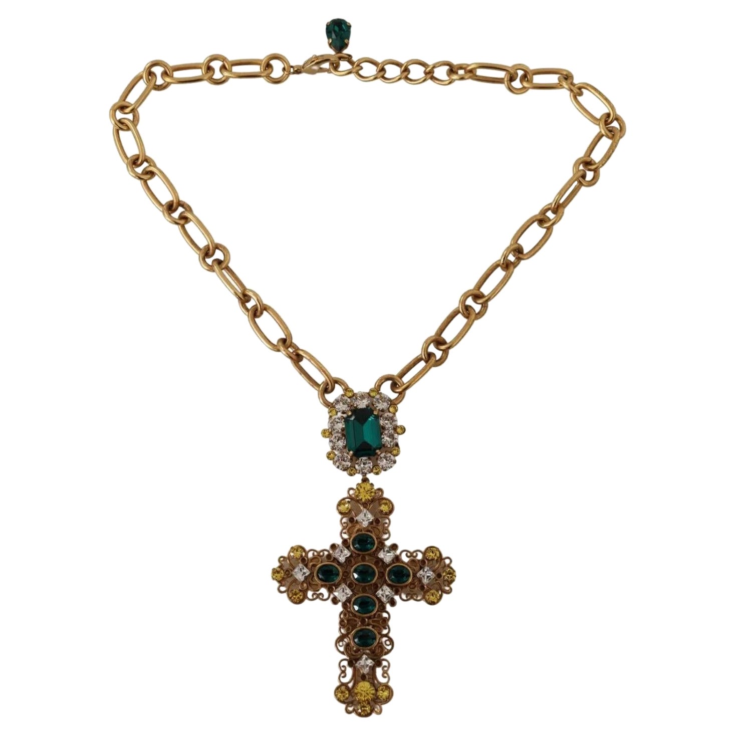 Dolce & Gabbana Gold tone chain necklace with multicolor cross crystals pendant